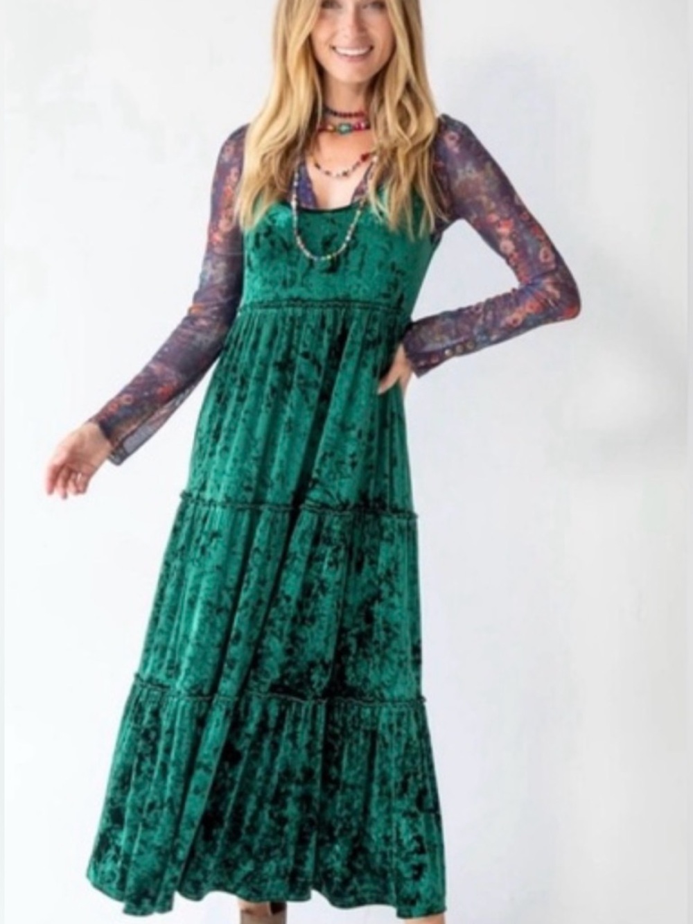 NATURAL LIFE Boho Hippie Fairy Emerald Green Velvet Tiered Tank Dress Size XS